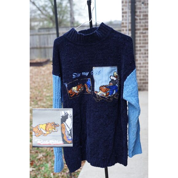 Ralu Blue Sweater Vintage Y2K “Dis My Crib” Dog Graphic